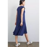 Maeve Anthropologie Ismene Navy Blue Metallic Cap Sleeve Drop Waist Midi Dress L Photo 1