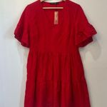 NWT Boutique Women's Dress V Neck Bell Sleeve Tiered Ruffle Pockets red small Photo 1