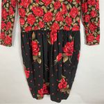 Vintage 80s Floral Dress Roses Dropped Waist Long Sleeve Modest Black Red Retro Size 8 Photo 4