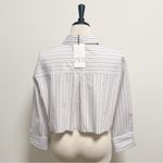 ZARA White Taupe Stripe Button Up Distressed Raw Hem Collar Crop Top New Large Photo 5