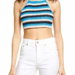 BP New  Crochet Zig Zag Stripe Tie Back Halter Top Blue Photo 1