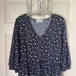 Kaileigh  XL Navy Floral Print Peasant 3/4 Sleeve V Neck Dress Babydoll Photo 2