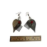Silver heart and rectangle dangle with red bead earrings Photo 3