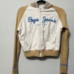 Pepe Jeans Y2K Zip Jacket Ribbed Cream Sleeves & Hood Small Hip-Hop Throwback Photo 0