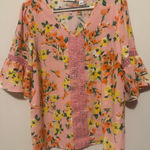 Isaac Mizrahi  Pink Floral Blouse with Crochet Accents Photo 0