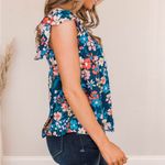 Andrée ANDREE BY UNIT size large navy floral flutter sleeve top square neck springy Photo 2