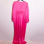 Ieena Mac Duggal Plunge Neck Puff Shoulder Long Sleeve Satin Fuchsia Jumpsuit 14 Photo 3