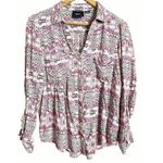 Maeve Anthropologie Islet Boho Print Long Sleeve White Pink Button Up Top Size M Photo 0