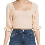 BCBGeneration  Women’s Yellow Smocked Puff Sleeve Crop Top Size Small NWT Photo 0