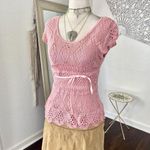 it's our time Early 2000's Whimsical Coquette Baby Pink Short Sleeve Crochet Babydoll Top S M Photo 1