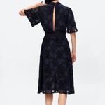 ZARA  Jacquard Fringe Lined Midi Dress ShortSleeve Keyhole S Dark Navy Blue #3101 Photo 3