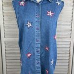 lemon grass  Vintage Denim Button Down Sleeveless Shirt w Plaid Star Design-Small Photo 0