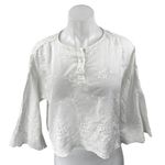 ZARA  White Floral Embroidered Eyelet Long Bell Sleeve Henley Shirt Blouse Top M Photo 0