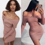 ZARA Ribbed Off Shoulder Bodycon dress Mauve Sz Medium Instagram favorite Photo 1