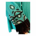 Bob Mackie Wearable Art Open Cardigan Teal Green Long Sleeves Embroidered Fringe Photo 6