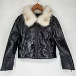 Unreal Fur Wet Look Aviator Jacket Black Faux Leather & Fur Collar Women’s S Photo 1