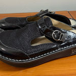 Alegria  Black Geometric Fabric Leather Mazie Clog Buckle Mules Size 9 (39) Photo 0