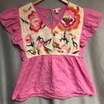 Cato large V-neck top pink bodice, has flower embroidery. Ruffle sleeve Photo 0