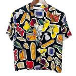 Lisa Says Gah Andie Button Top Women’s Size XS Food Print Cropped Linen Shirt Black Photo 1