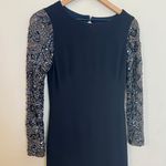 THEIA - Embellished Tulle Crepe Mermaid Gown Navy Crystal Sleeve Formal Prom Photo 3