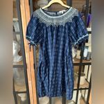 Madewell Embroidered Puff short Sleeve Babydoll Dress Indigo Plaid navy pockets Photo 1