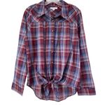Socialite Western Plaid Button Up Top Womens Sz L Tie Hem Long Sleeve Rodeo Festival Boho Photo 0