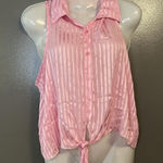 Marianne Blouse Womens Large Pink Sheer Striped Button Up Collared Tie Front Top Photo 0