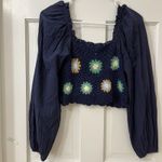 Aerie Crochet Granny Square Cottagecore Puff Sleeve Vacay Crop Top Navy XS NEW Photo 2