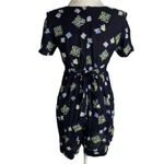 Vintage 90s Rayon Shorts Romper S Blue Floral Tie Waist Zipper Short Sleeves Photo 4