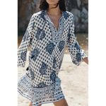 ZARA  Cotton Blend Boho Ruffle Tassel Tie Blue White Mini Dress Small NWOT Photo 1