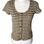 American Eagle Ribbed Striped Henley Button Front Short Sleeve T-shirt Photo 0