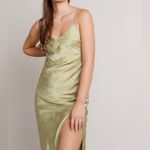 Isalis  fruit salad satin high slit midi dress in green Photo 7