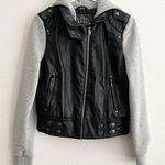 Last Kiss  Y2K Black Leather Hybrid Gray Hooded Zip Moto Jacket Size Medium Photo 0