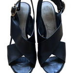 Black Leather Chunky Heels Cross Strap Gold Buckle Italian Size 6 Photo 0