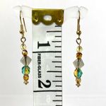 Crystal & glass bead earrings, amber & blue dangles, gold tone ear wire Photo 3