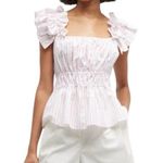 Harshman Alize Striped Ruffle Trim Peplum Linen Blouse Top Medium Pink White Photo 0