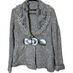 John Fashion Y2K Sweater Wool Blend Large Gray Knit Cardigan Faux Fur Collar Photo 0