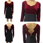 Vintage Lace Up Back Burgundy and Black Velvet Long Sleeve Dress Made USA Large Photo 1