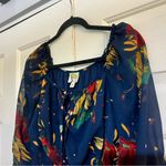 Anthropologie Fig and Flower Navy Floral Sheer Peasant Blouse Boho Top Medium Blue Photo 1