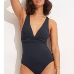 Seafolly Collective True Navy Cross Back V-Neck One Piece Swimsuit Size 14 Photo 0