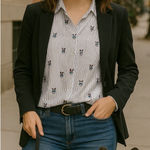 Grace and Delancy Striped French Bull Dog Print Button Down Shirt Size 8 White Photo 1