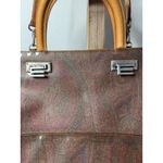 Paisley Print Tote Bag Detachable Shoulder Straps Brown Leather Silver Accents Photo 3