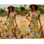 Boho Summer V Neck Floral Short Sleeve Slit Maxi Long Dress Yellow Multi Size M Photo 2