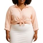 H&M  Women's Orange Coral Gingham Check Long Sleeve Crop Button Down Shirt Top XL Photo 2