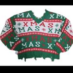 Christmas Distressed Edge Sweater Size XL V Neck Holiday Party Grunge Torn Worn Green Photo 1