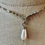 Vintage faux pearl rhinestone V tear drop dangle necklace silver tone Photo 1