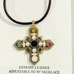 NWT Atterri Genuine Leather Necklace with Jeweled Cross Pendant Brown Photo 1