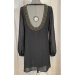 Double Zero Sz M Black Beaded Midi Chiffon Dress Sheer Sleeves Lined Scoop Back Photo 2