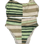 Aerie Neutral Green Striped Two Piece Bikini Set High Waisted Bottoms medium Photo 0