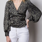 Good American Leopard Wrap Top Olive Green | Long Sleeve V-Neck Blouse | Size 4 Photo 0